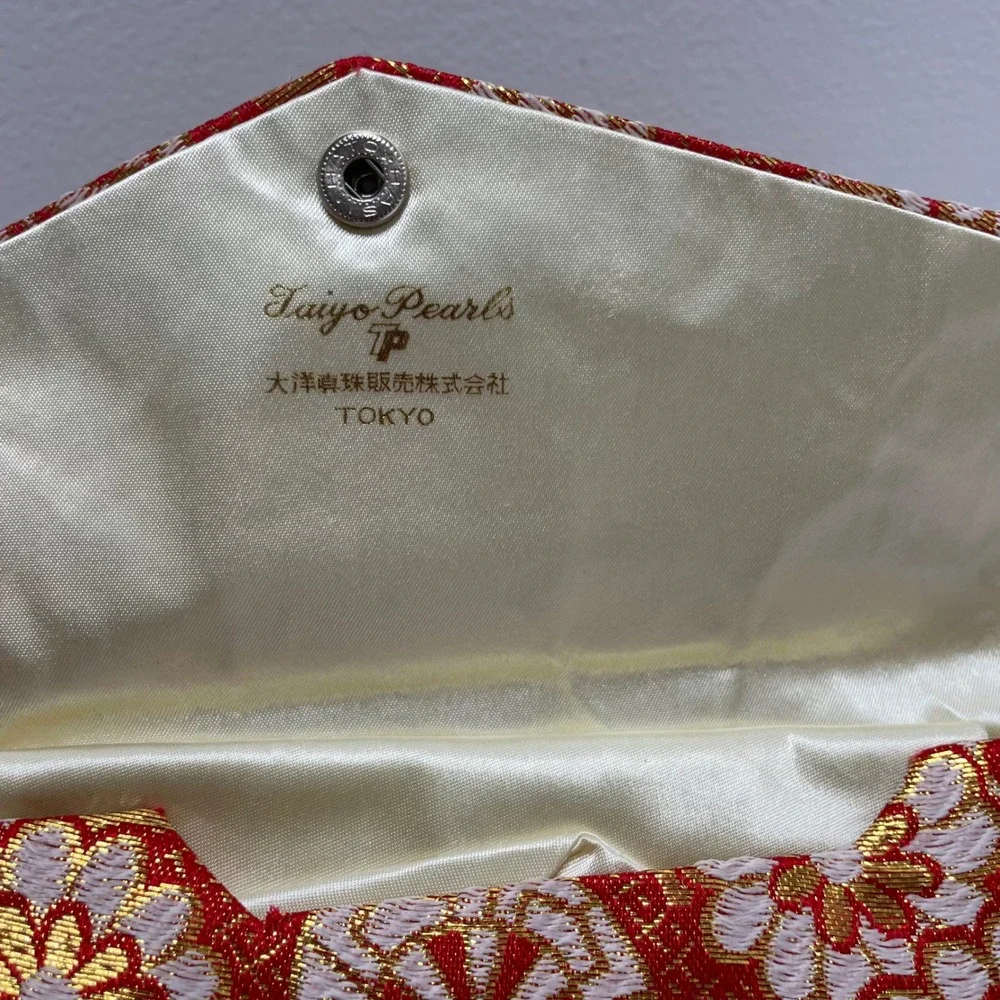 Vintage Taiyo Pearls Tokyo Red Gold Brocade Jewelry Pouch Snap Case Japan